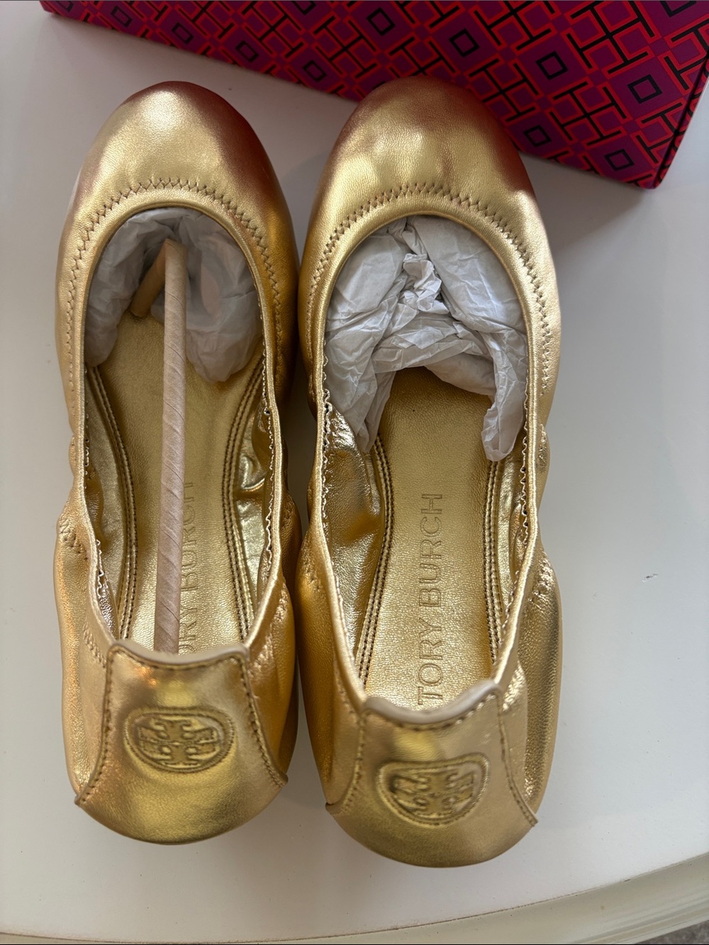 Tory Burch Gold Leather Round-Toe Ballet Flats - Picture 2 of 5